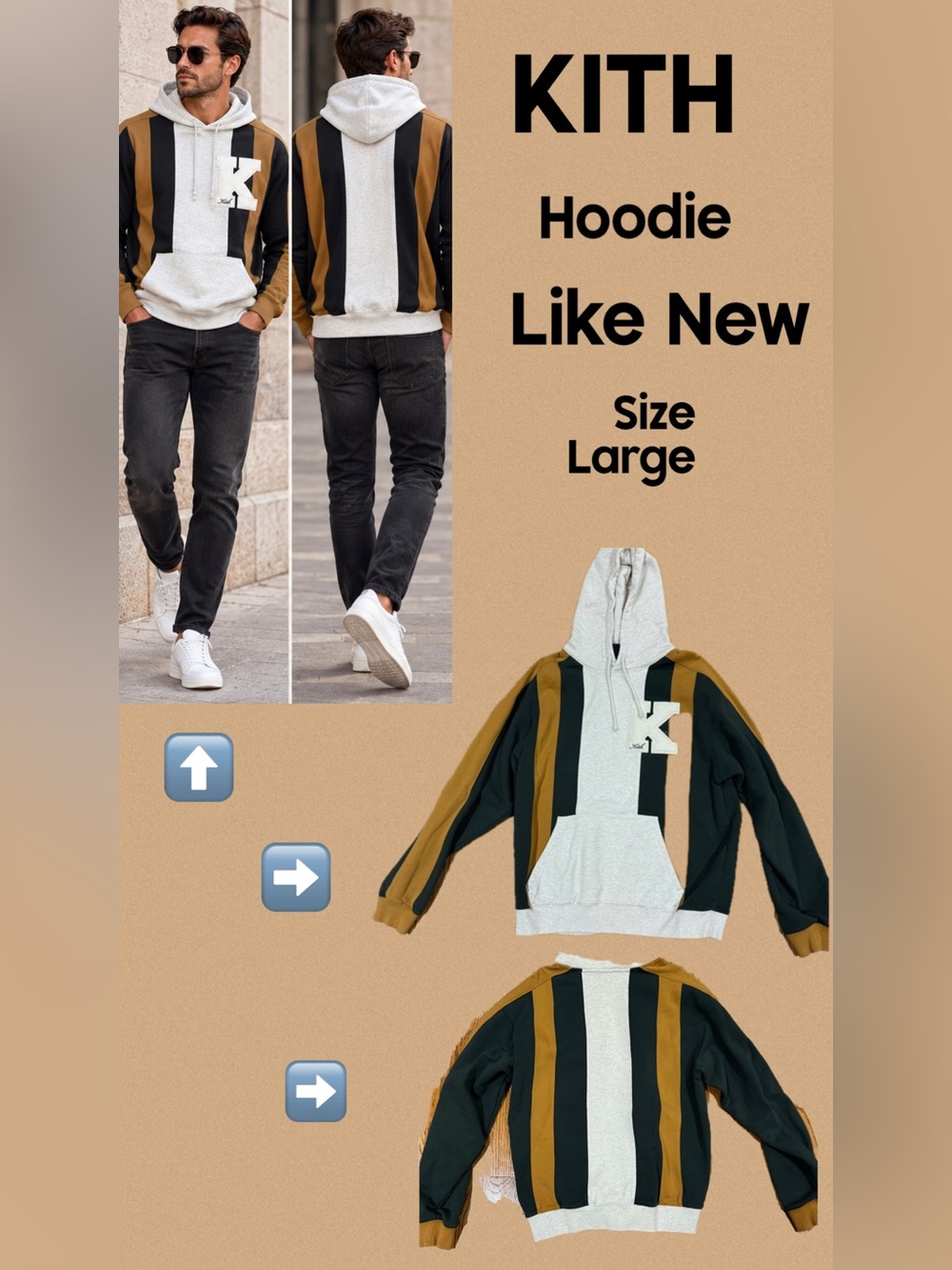 Kith Striped Pullover Hoodie in Gray, Mustard & Dark Green